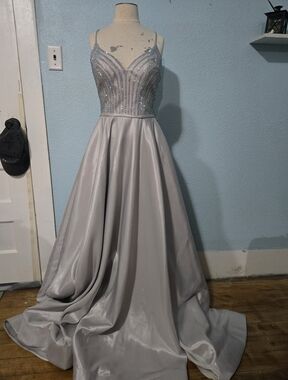 La Femme Silver Beaded A-Line Prom Gown with Spaghetti Straps